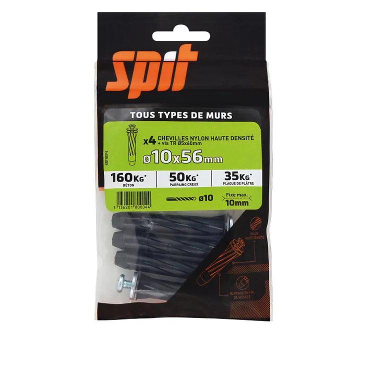 Lot de 4 Cheville murale avec vis SPIT, Ø10 x L.56 mm