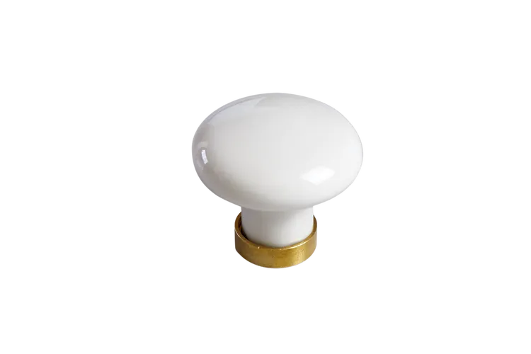 Bouton de meuble rond, porcelaine blanc laitonné, Diam.25 mm