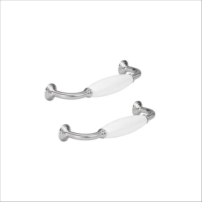 Lot de 2 poignées de meuble Charly, porcelaine nickel brossé, entraxe 128 mm