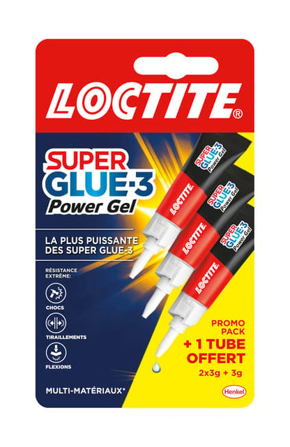 Lot de 3 colle de réparation Cyanoacrylate Super glue 3 power gel LOCTITE, 3g tr