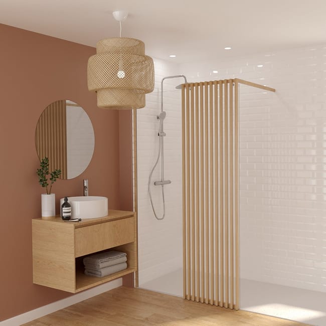 Paroi de douche à l'italienne verre transparent l.120 cm, Ep.8mm effet bois Lumi