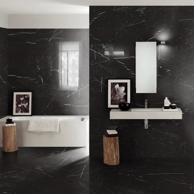 Carrelage sol intérieur / mur intérieur effet marbre noir Rimini l.30 x L.60 cm