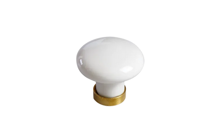 Bouton de meuble rond, porcelaine blanc laitonné, Diam.25 mm