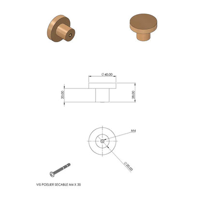 Bouton de meuble rond bois hêtre brut, Diam.40 mm