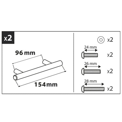2 poignées de meuble, acier argent brossé, entraxe 96 mm