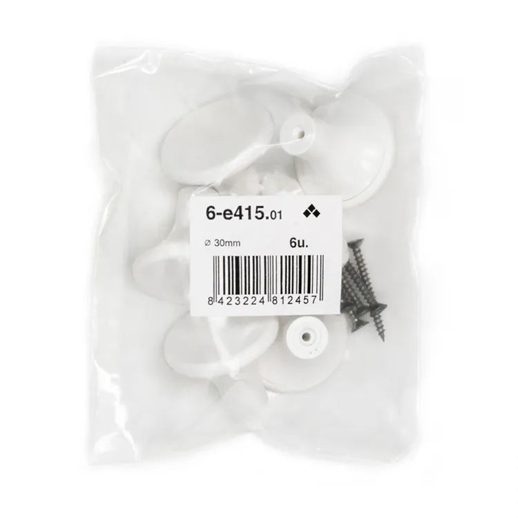 6 boutons de meuble ronds Key, abs blanc peint, Diam.33 mm
