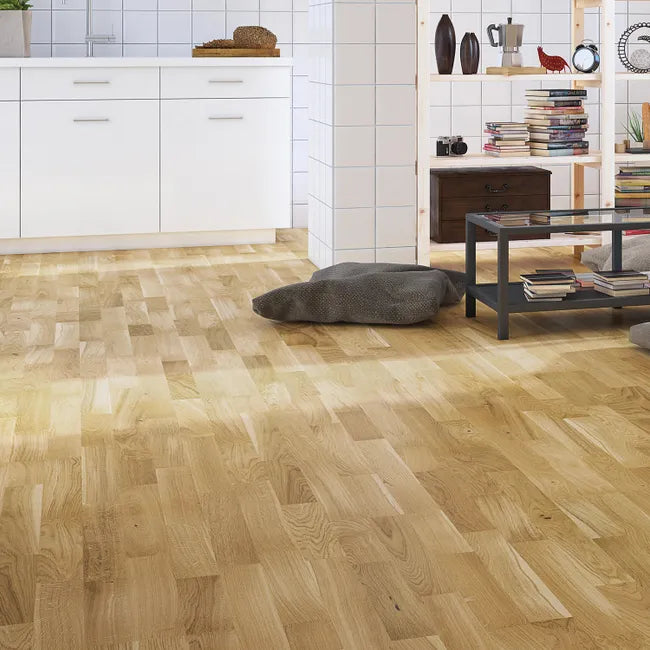 Parquet contrecollé chêne blond bohème vitrifié 3 frises BARLINEK, l.20.7 cm