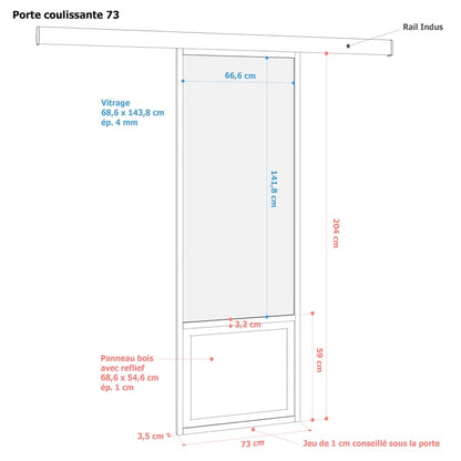 Porte coulissante personnalisable aluminium + verre + mdf Atelier vitrée, H.204